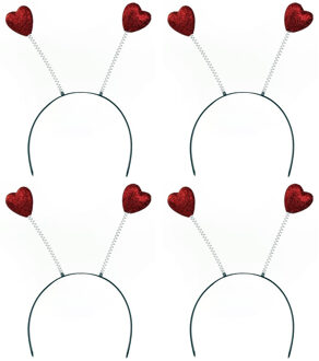 Smiffys Diadeem/haarband rode glitter hartjes - 4x stuks - Verkleed spullen - Vrijgezellen/Valentijn feestje