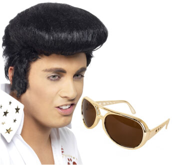 Smiffys Elvis verkleed set - pruik zwart - en brede bril - voor heren - Rock and Roll thema