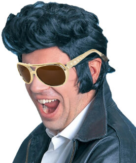 Smiffys Elvis verkleed set - pruik zwart - en gouden Elvis bril - voor heren - Rock and Roll thema