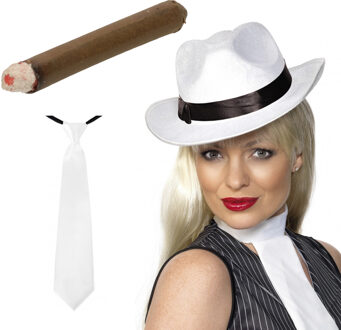 Smiffys Gangster/maffia verkleed set hoed wit met stropdas en sigaar