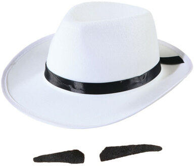 Smiffys Gangster/maffia verkleed set hoed wit/zwart met snorretje