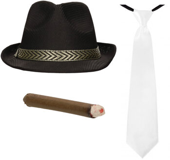Smiffys Gangster/Maffia verkleed set hoed zwart met stropdas en sigaar