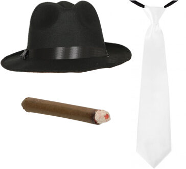 Smiffys Gangster/Maffia verkleed set hoed zwart met stropdas en sigaar
