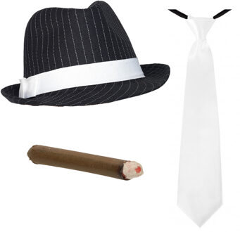 Smiffys Gangster/Maffia verkleed set hoed zwart/wit met stropdas en sigaar