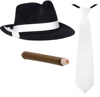 Smiffys Gangster/Maffia verkleed set - hoed zwart/wit - met witte stropdas - en vette sigaar