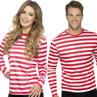 Smiffys Gestreept t-shirt - wit/rood - lange mouwen - volwassenen - waar is wally - piraten thema