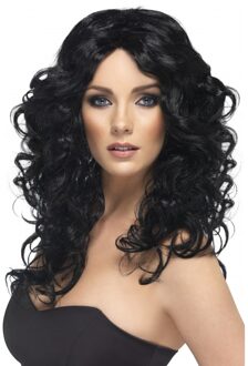 Smiffys Glamour verkleed pruik - zwarte krullen - damespruik - krullend haar - verkleedpruik