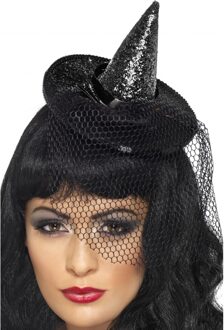 Smiffys Halloween heksenhoed - op diadeem/haarband - zwart - glitter - one size - meisjes/dames