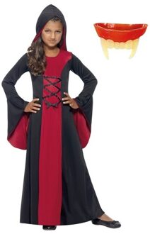 Smiffys Halloween Vampier jurk rood/zwart maat M voor meiden inclusief gebit - Carnavalsjurken Multikleur