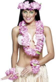 Smiffys Hawaii kransen set - 6x - roze - bloemenkransen - ketting - hoofdband - polsband - carnaval