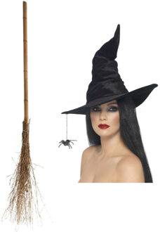 Smiffys Heksen verkleed set - dames - luxe heksenhoed - met bezem van 110 cm - Halloween