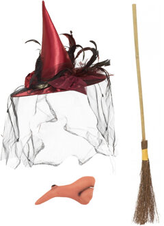 Smiffys Heksen verkleed set - voor dames heksenhoed - haakneus - heksenbezem van 95 cm