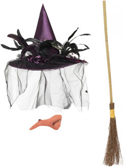 Smiffys Heksen verkleed set - voor dames - met heksenhoed - haakneus - heksenbezem van 95 cm