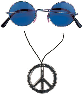 Smiffys Hippie Flower Power verkleed set - peace ketting - met party bril - blauw