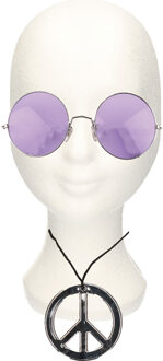 Smiffys Hippie Flower Power verkleed set - peace ketting - met party bril - paars