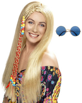 Smiffys Hippie Sixties Flower Power verkleedset dames - Pruik blond - bril ronde glazen blauw