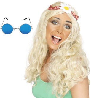 Smiffys Hippie Sixties Flower Power verkleedset dames - Pruik blond - bril ronde glazen blauw