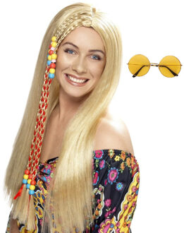 Smiffys Hippie Sixties Flower Power verkleedset dames - Pruik blond - bril ronde glazen geel
