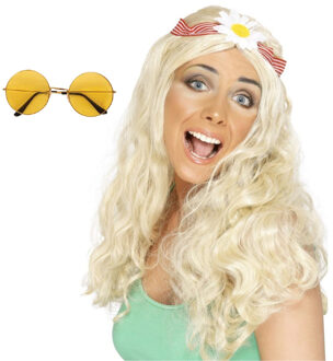 Smiffys Hippie Sixties Flower Power verkleedset dames - Pruik blond - bril ronde glazen geel