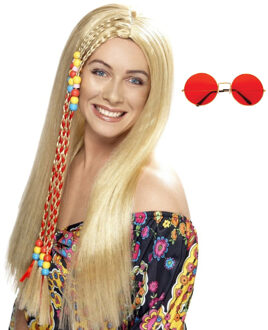 Smiffys Hippie Sixties Flower Power verkleedset dames - Pruik blond - bril ronde glazen rood