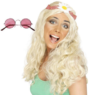 Smiffys Hippie Sixties Flower Power verkleedset dames - Pruik blond - bril ronde glazen roze