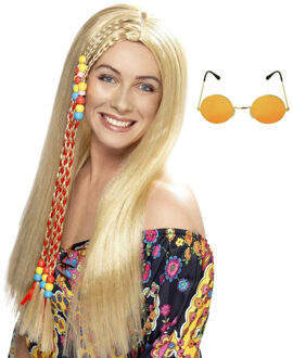 Smiffys Hippie Sixties Flower Power verkleedset dames - Pruik blond - bril ronde glazen roze