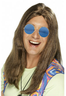 Smiffys Hippie Sixties verkleed set - Pruik lang haar bruin - bril ronde glazen blauw - heren