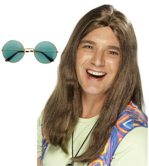 Smiffys Hippie Sixties verkleed set - Pruik lang haar bruin - bril ronde glazen groen - heren