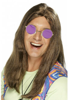 Smiffys Hippie Sixties verkleed set - Pruik lang haar bruin - bril ronde glazen paars - heren
