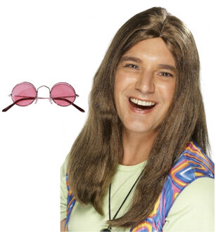 Smiffys Hippie Sixties verkleed set - Pruik lang haar bruin - bril ronde glazen roze - heren
