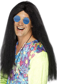 Smiffys Hippie Sixties verkleed set - Pruik lang haar zwart - bril ronde glazen blauw - heren