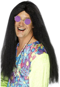 Smiffys Hippie Sixties verkleed set - Pruik lang haar zwart - bril ronde glazen paars - heren