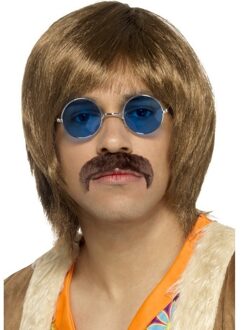 Smiffys Hippie verkleed set - pruik, snor en bril - heren - verkleedaccessoires - Carnaval Bruin