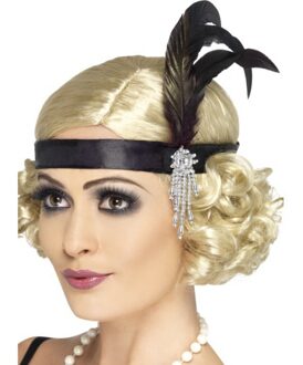 Smiffys Hoofdband zwart met veren | Black Satin Charleston Headband