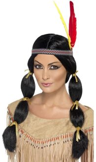 Smiffys Indianen damespruik - met staarten en hoofdband - zwart - synthetisch