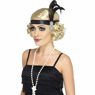 Smiffys Jaren 20 verkleed setje - dames - hoofdband met veer - en parel ketting - Roaring Twenties stijl