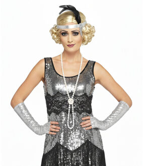Smiffys Jaren 20 verkleed setje - dames - hoofdband met veer - en parel ketting - Roaring Twenties stijl