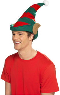 Smiffys Kerst Elfen puntmuts - met oren - voor volwassenen - groen/rood - polyester - one size