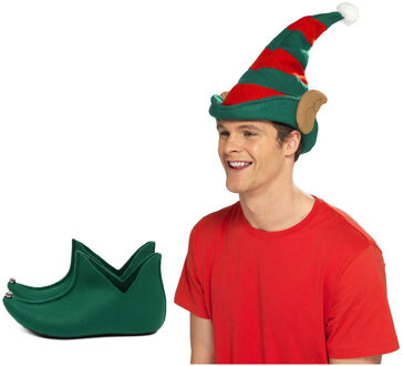 Smiffys Kerst Elfen verkleed set - puntmuts - met oren - volwassenen - met groene schoenen - one size