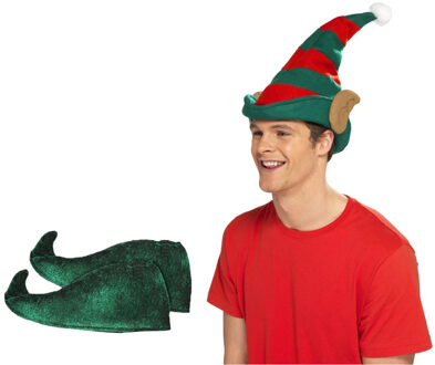 Smiffys Kerst Elfen verkleed set - puntmuts - met oren - volwassenen - met groene schoenen - one size