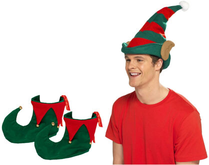Smiffys Kerst Elfen verkleed set - puntmuts - met oren - volwassenen - met schoenen - one size