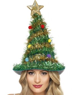 Smiffys Kerstmuts - kerstboom - groen - versierd - 38 cm - kunststof - kerstaccessoires?
