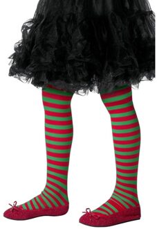 Smiffys Kinder verkleed panty - rood/groen gestreept - kerstelf - 8 tot 12 jaar - meisjes Multi