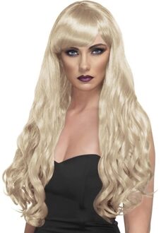 Smiffys Lange blonde damespruik - met pony - pruiken - voor dames - synthetisch - verkleden
