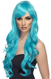 Smiffys Lange turquoise blauw damespruik - pony - pruiken - dames - synthetisch - verkleden