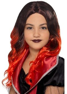 Smiffys Lange zwart met rode meisjespruik met krullen Rood