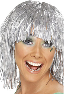 Smiffys Lurex verkleed pruik - 4x stuks - metallic zilver - tinsel slierten pruiken - disco thema