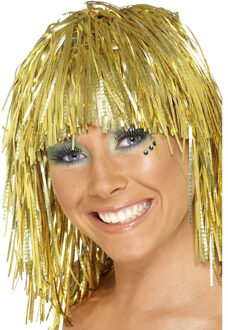 Smiffys Lurex verkleed pruik - metallic goud - tinsel slierten pruiken - disco thema