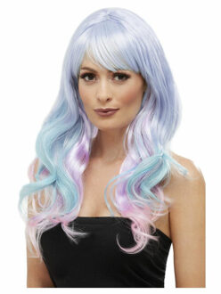 Smiffys Luxe carnaval verkleed lila/turquoise pruik - lang haar met pony - voor dames Multi