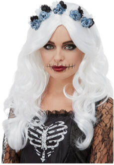 Smiffys Luxe Day of the Dead dames pruik wit met bloemen